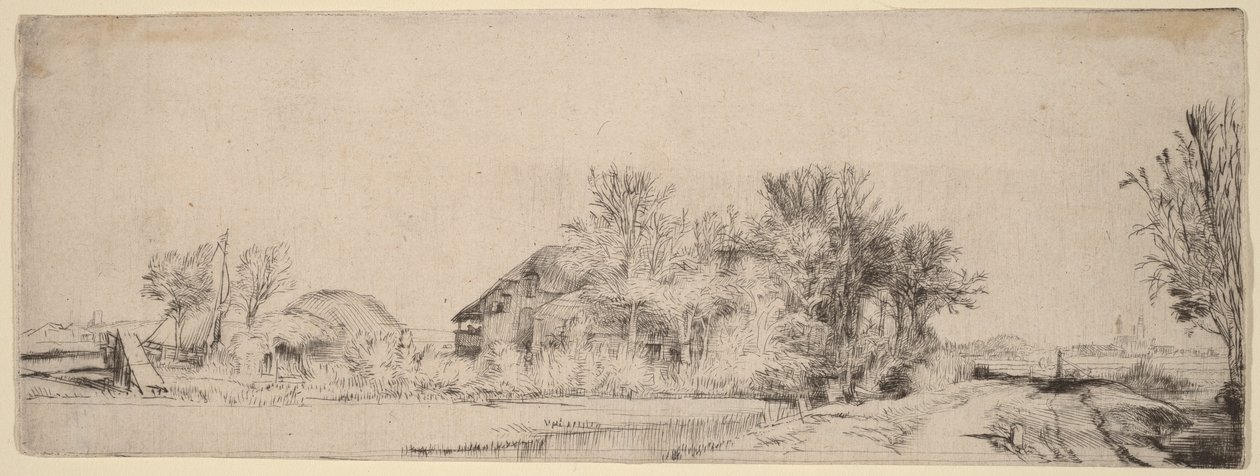 Krajobraz z drogą biegnącą wzdłuż kanału autorstwa Rembrandt van Rijn