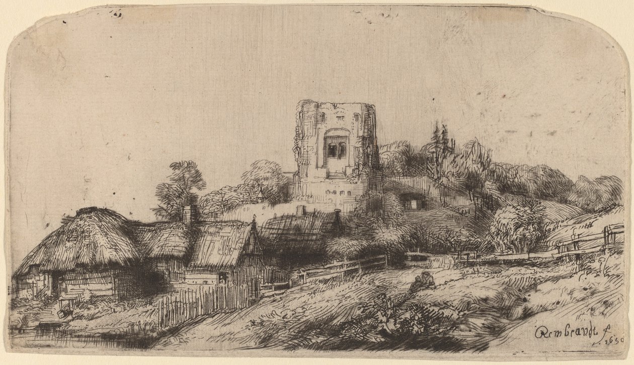 Krajobraz z kwadratową wieżą autorstwa Rembrandt van Rijn