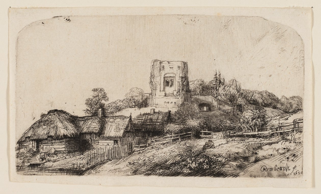 Krajobraz z kwadratową wieżą autorstwa Rembrandt van Rijn