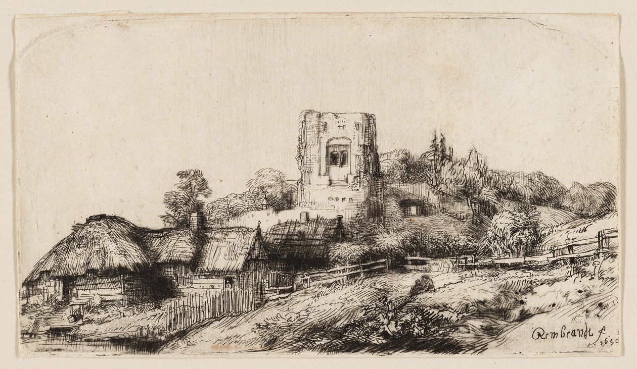 Krajobraz z kwadratową wieżą autorstwa Rembrandt van Rijn