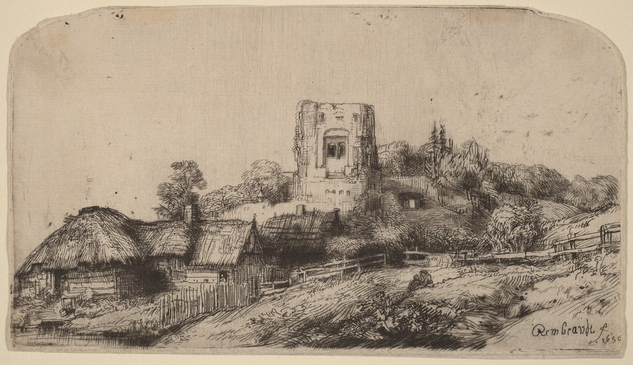 Krajobraz z kwadratową wieżą autorstwa Rembrandt van Rijn
