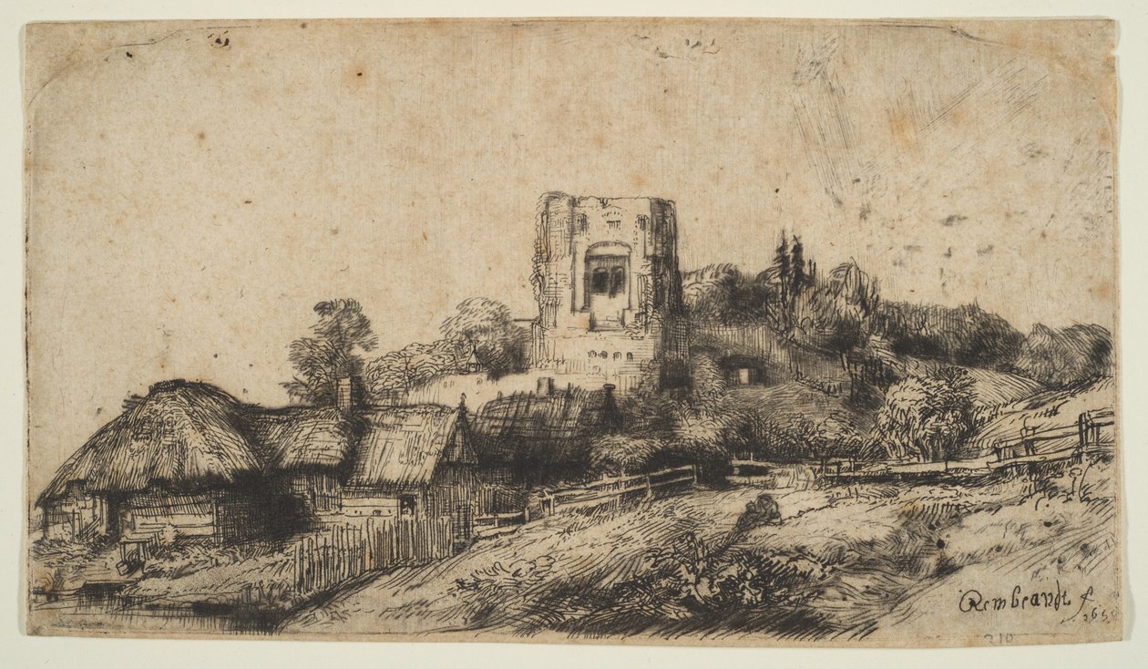 Krajobraz z kwadratową wieżą, 1650. autorstwa Rembrandt van Rijn