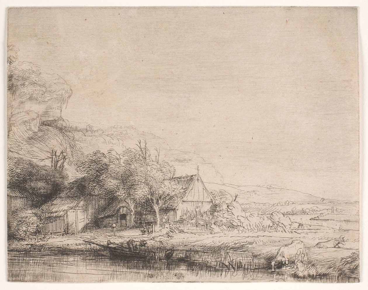 Krajobraz z krową pijąca wodę autorstwa Rembrandt van Rijn