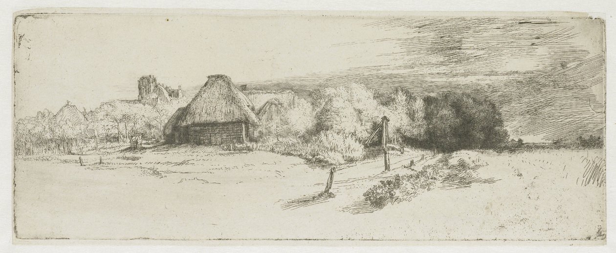 Krajobraz z budynkiem gospodarczym i „domem z wieżą” autorstwa Rembrandt van Rijn