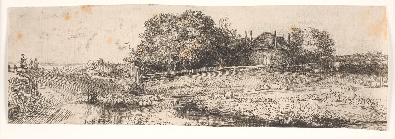Krajobraz ze stodołą na siano i stadem owiec autorstwa Rembrandt van Rijn