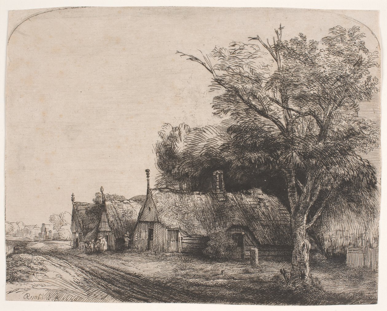 Krajobraz z trzema dwuspadowymi domkami przy drodze autorstwa Rembrandt van Rijn