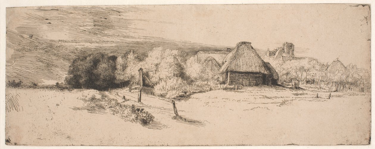 Krajobraz z drzewami, budynkami gospodarczymi i wieżą autorstwa Rembrandt van Rijn