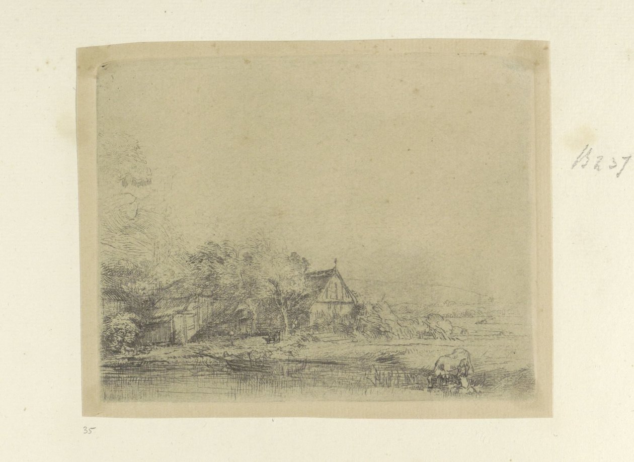Landschap spotkał drinkende koe Kolekcja osiemdziesięciu pięciu oryginalnych grafik (tytuł serii) autorstwa Rembrandt van Rijn