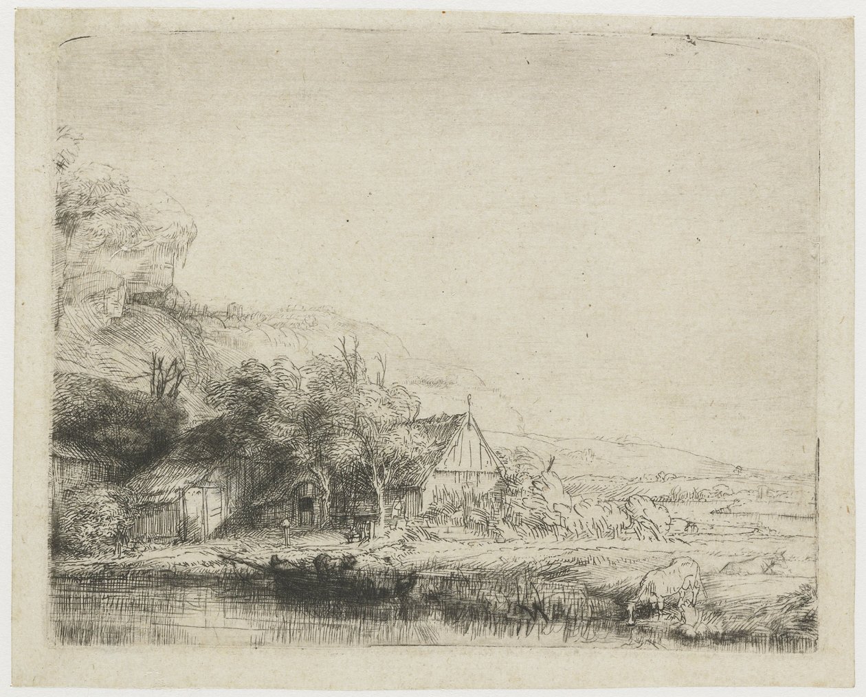 Krajobraz z krową pijąca wodę autorstwa Rembrandt van Rijn