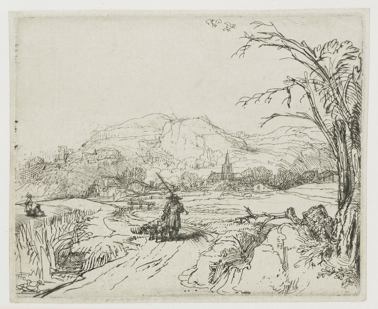 Krajobraz z pasterzem owiec i psami („Mały myśliwy”) autorstwa Rembrandt van Rijn