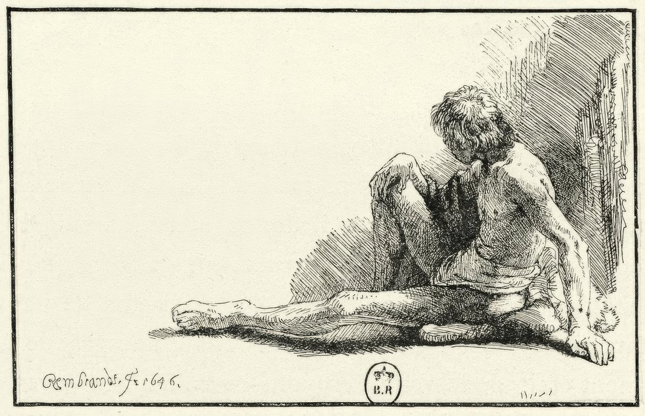 Akt męski, siedzący na podłodze autorstwa Rembrandt van Rijn