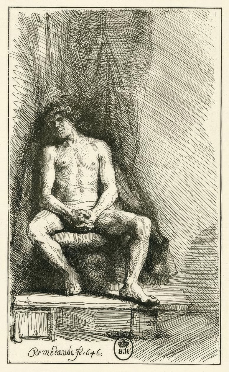 Akt męski, siedzący autorstwa Rembrandt van Rijn