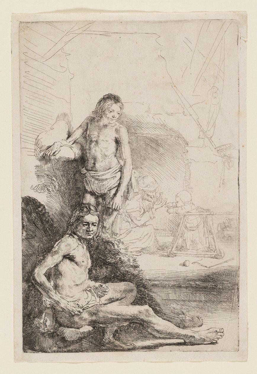 Mężczyzna nago w pozycji siedzącej i stojącej autorstwa Rembrandt van Rijn