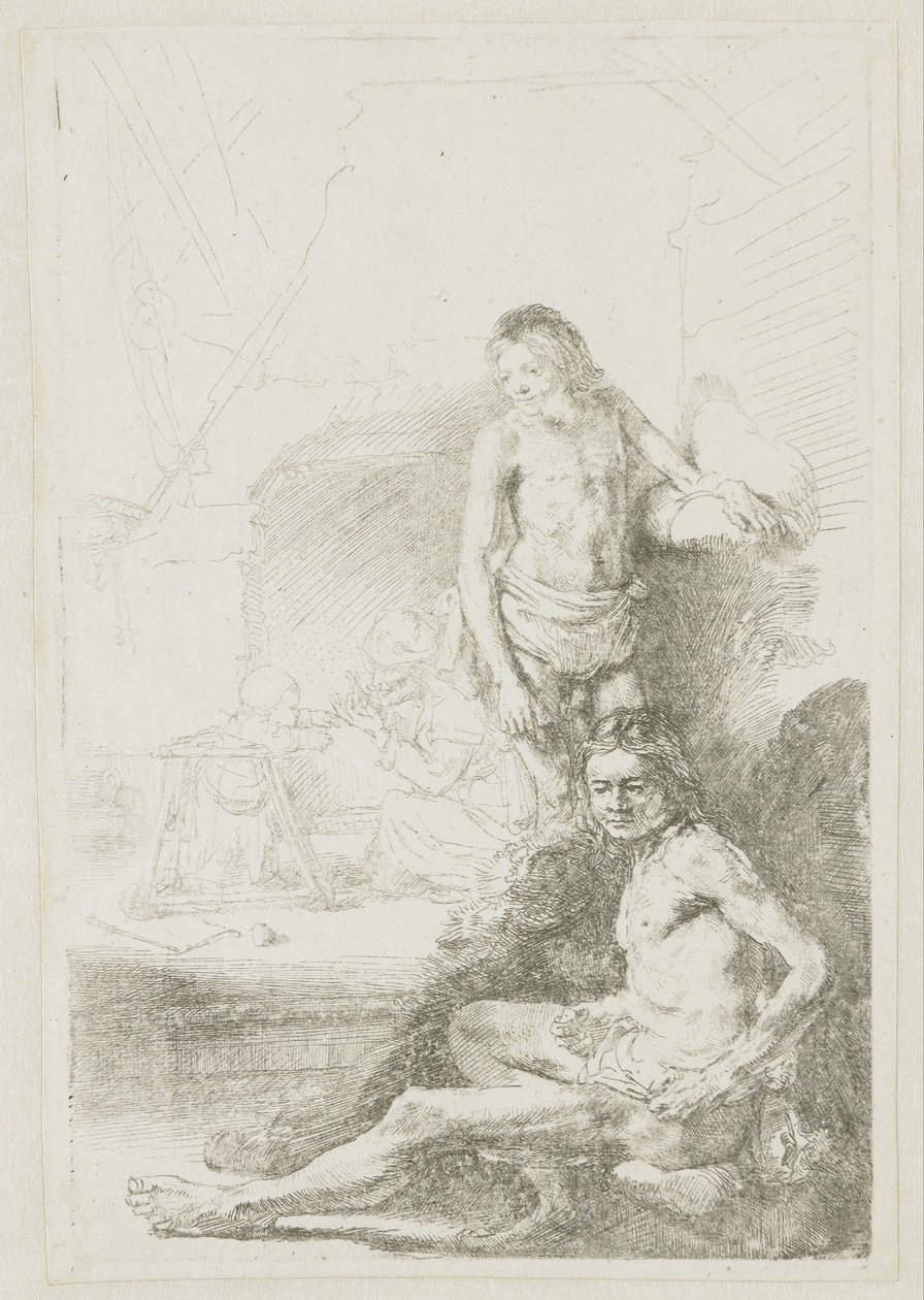 Męski akt, siedzący i stojący autorstwa Rembrandt van Rijn