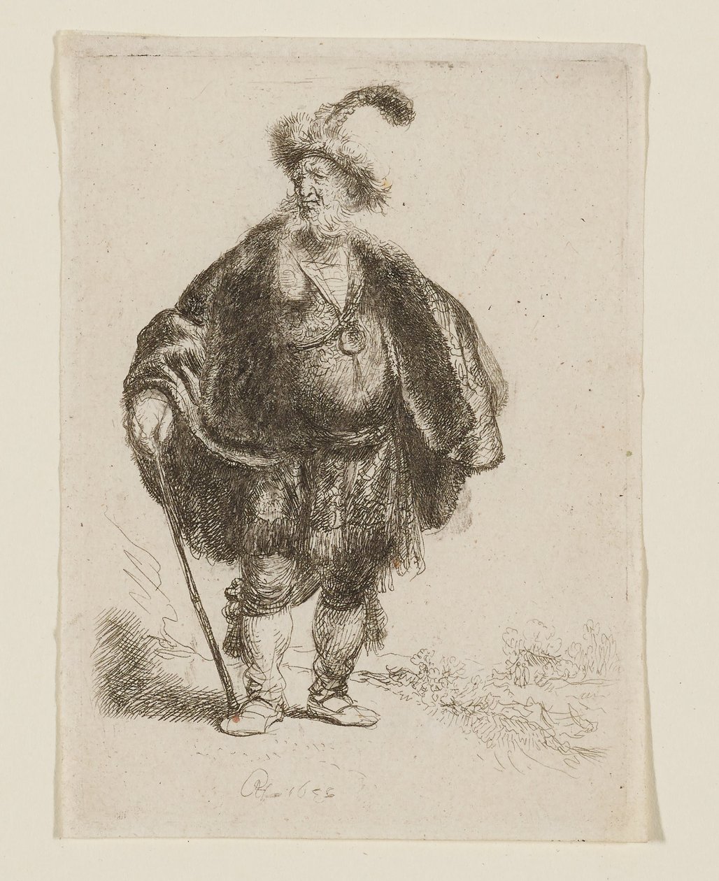 Mężczyzna stojący w orientalnym stroju i futrzanej czapce z piórami autorstwa Rembrandt van Rijn