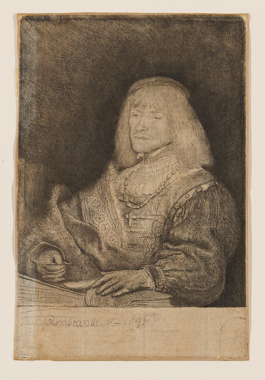 Mężczyzna przy biurku, noszący krzyż na łańcuszku autorstwa Rembrandt van Rijn