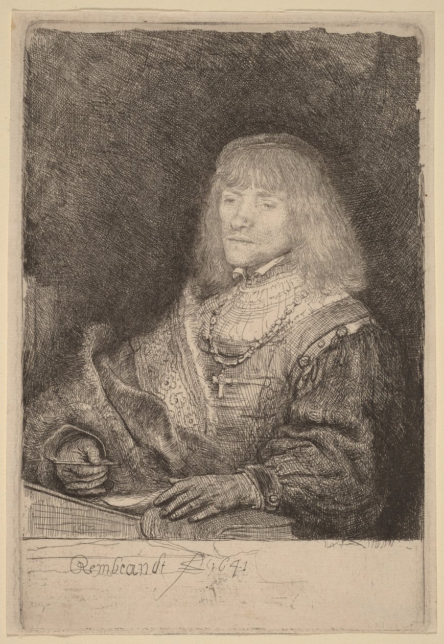 Mężczyzna przy biurku, noszący krzyż na łańcuszku autorstwa Rembrandt van Rijn