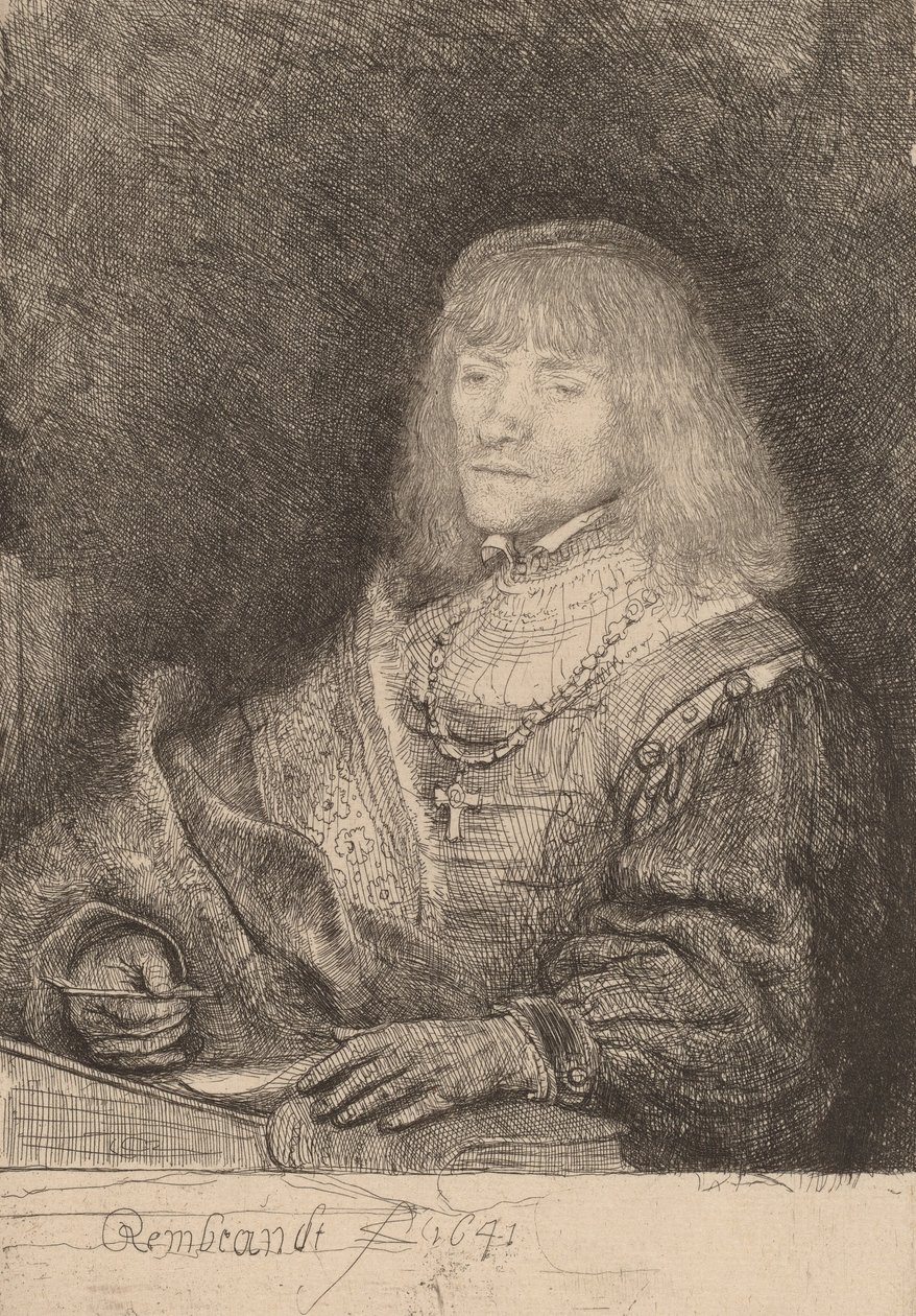 Mężczyzna przy biurku noszący krzyż i łańcuch, 1641. autorstwa Rembrandt van Rijn