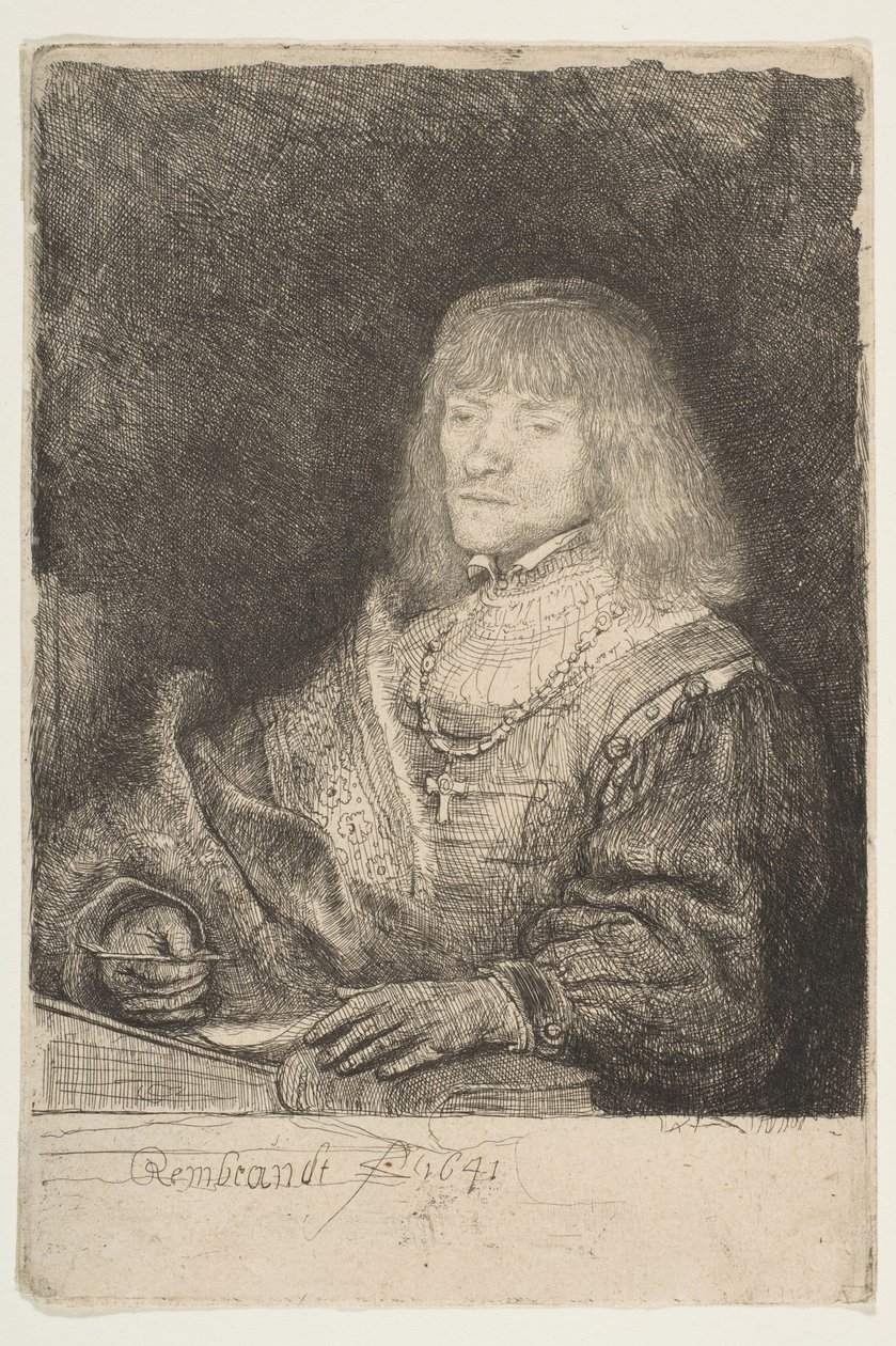 Mężczyzna przy biurku noszący krzyż i łańcuch, 1641. autorstwa Rembrandt van Rijn