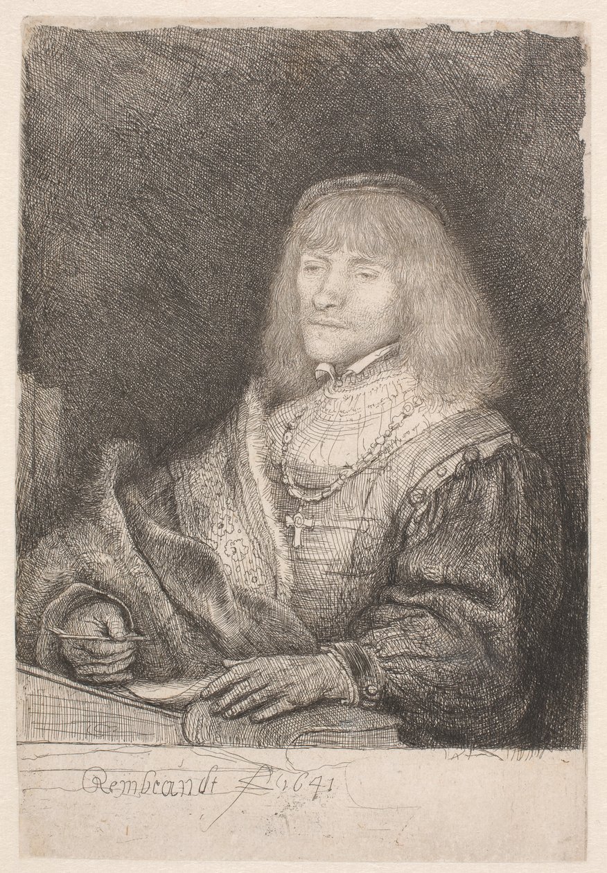 Mężczyzna przy biurku, noszący krzyż na łańcuszku autorstwa Rembrandt van Rijn