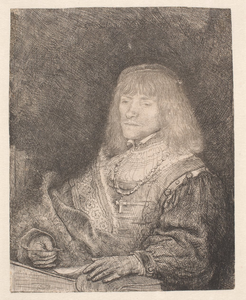 Mężczyzna przy biurku, noszący krzyż na łańcuszku autorstwa Rembrandt van Rijn