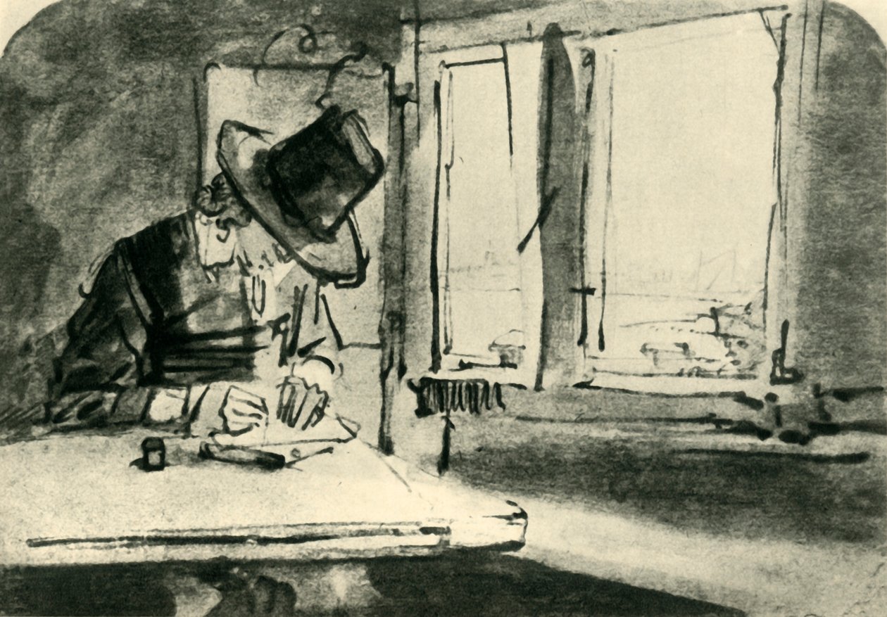 Mężczyzna rysujący w oknie, połowa XVII wieku, 1943. autorstwa Rembrandt van Rijn