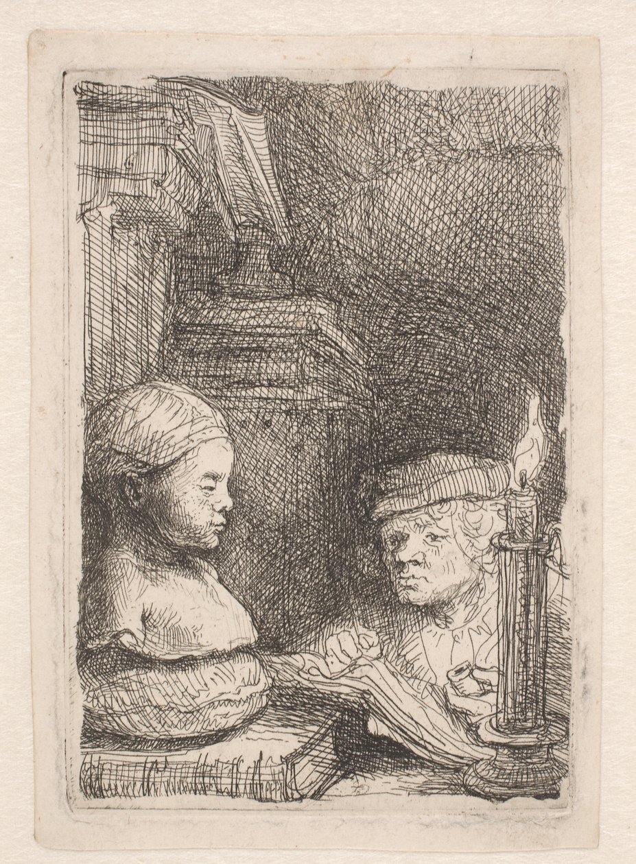 Mężczyzna rysujący na podstawie odlewu autorstwa Rembrandt van Rijn