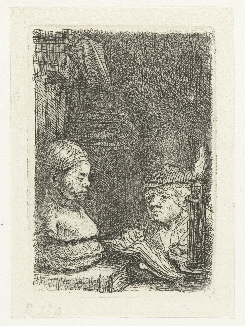 Mężczyzna rysujący na podstawie odlewu autorstwa Rembrandt van Rijn