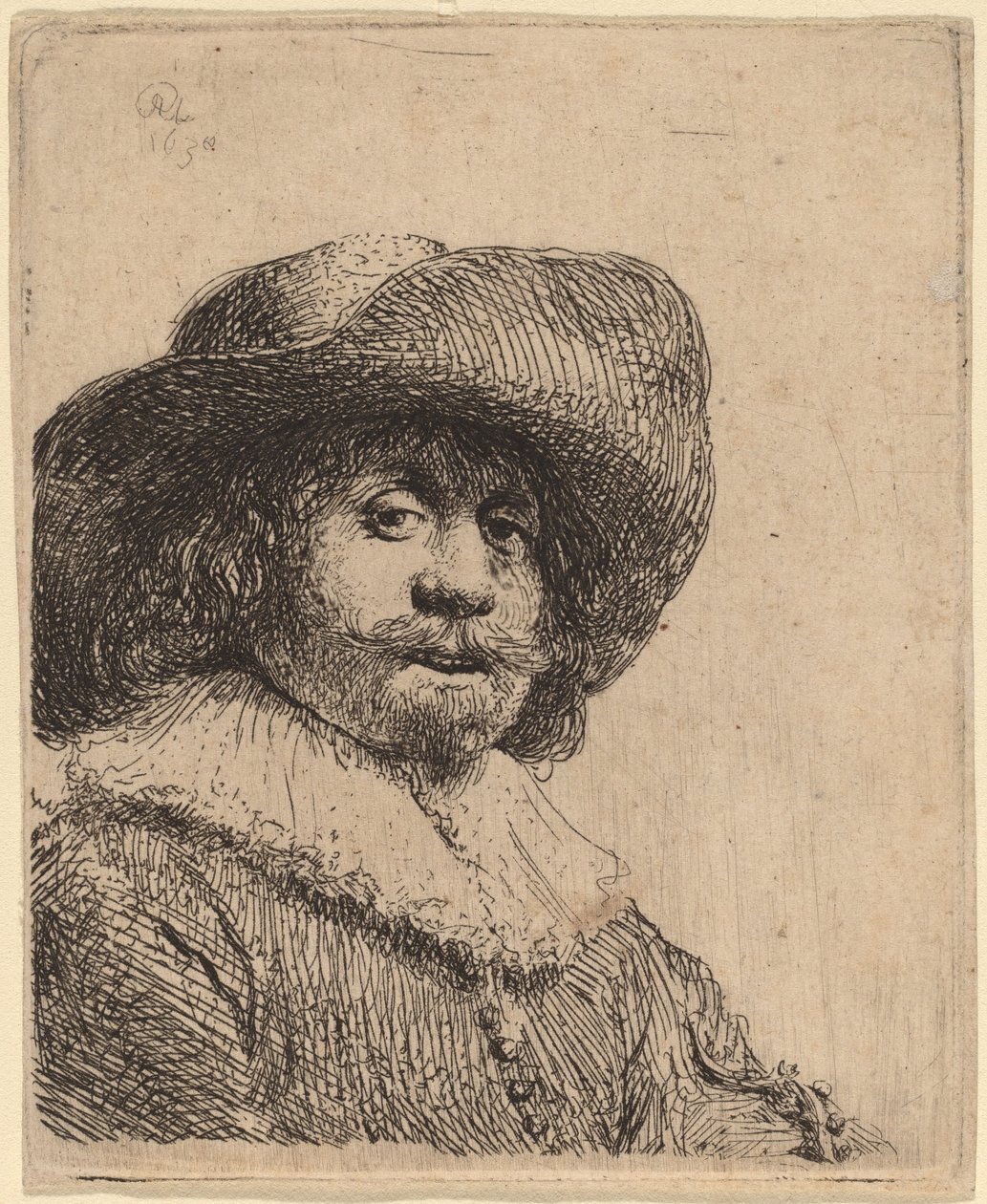 Mężczyzna w kapeluszu z szerokim rondem autorstwa Rembrandt van Rijn