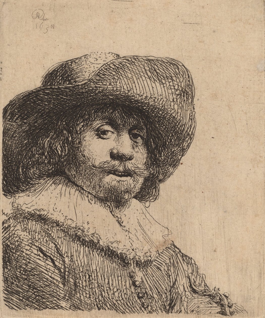 Mężczyzna w kapeluszu z szerokim rondem, prawdopodobnie 1638. autorstwa Rembrandt van Rijn