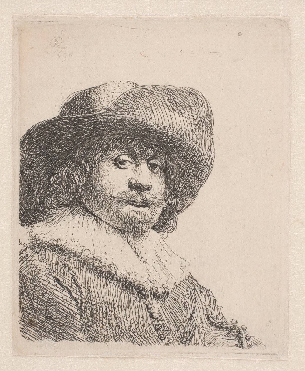Mężczyzna w kapeluszu z szerokim rondem i kryzą autorstwa Rembrandt van Rijn