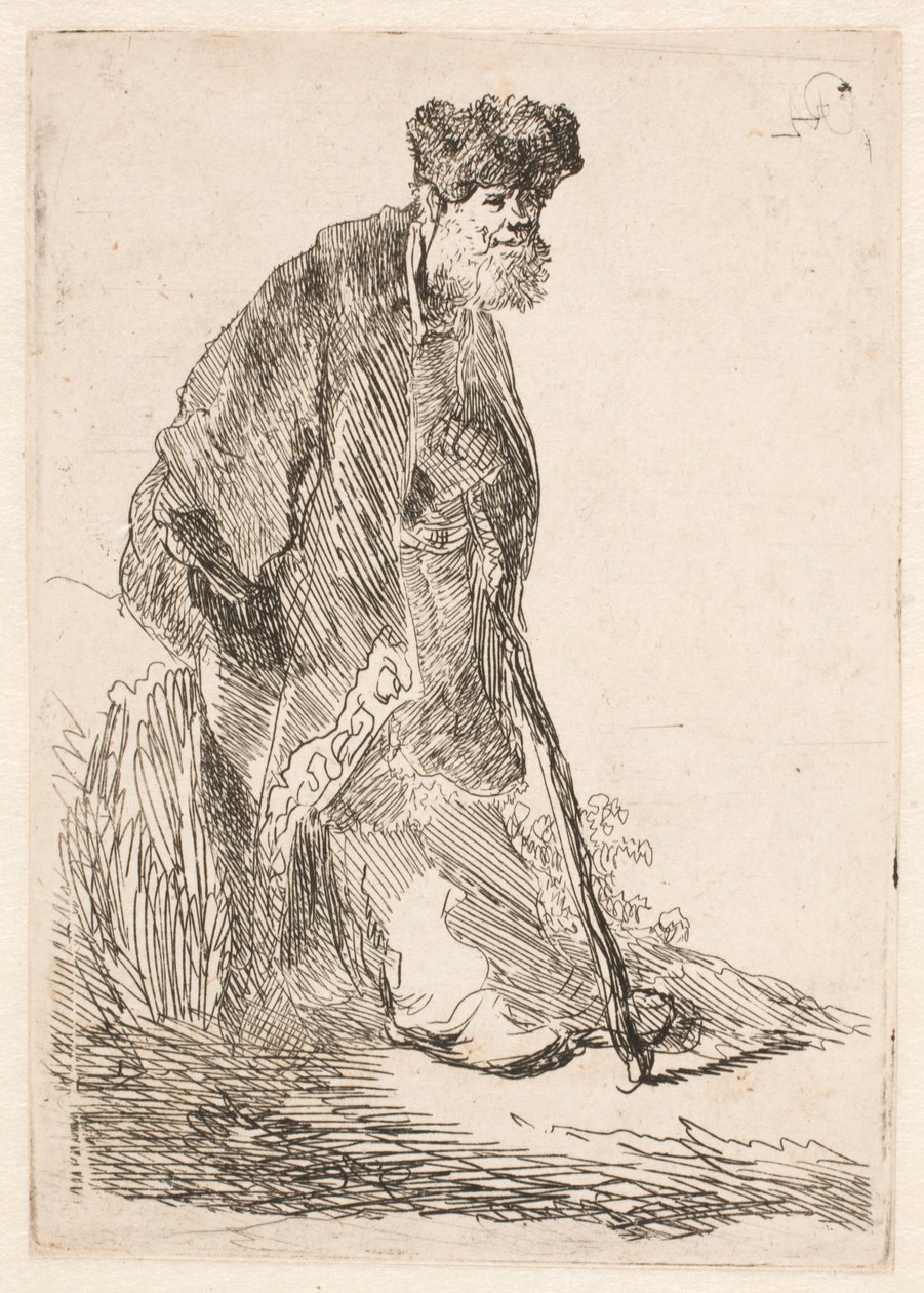 Mężczyzna w płaszczu i futrzanej czapce, oparty o ławkę autorstwa Rembrandt van Rijn