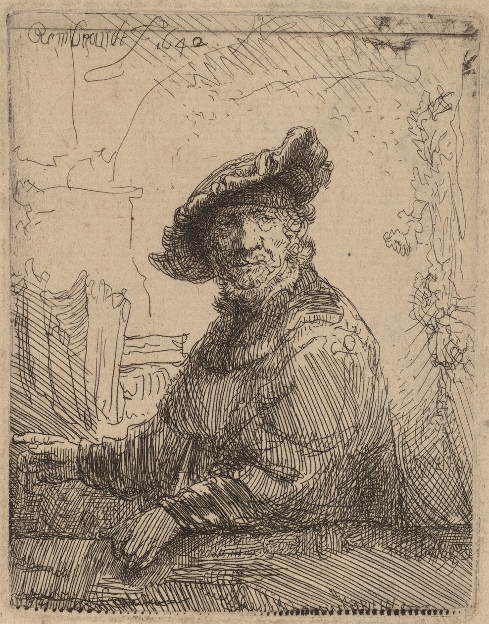 Mężczyzna w altanie, 1642. autorstwa Rembrandt van Rijn