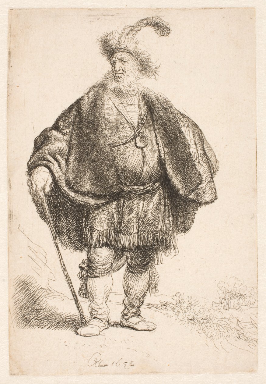 Mężczyzna w orientalnym stroju i futrzanej czapce z piórami autorstwa Rembrandt van Rijn