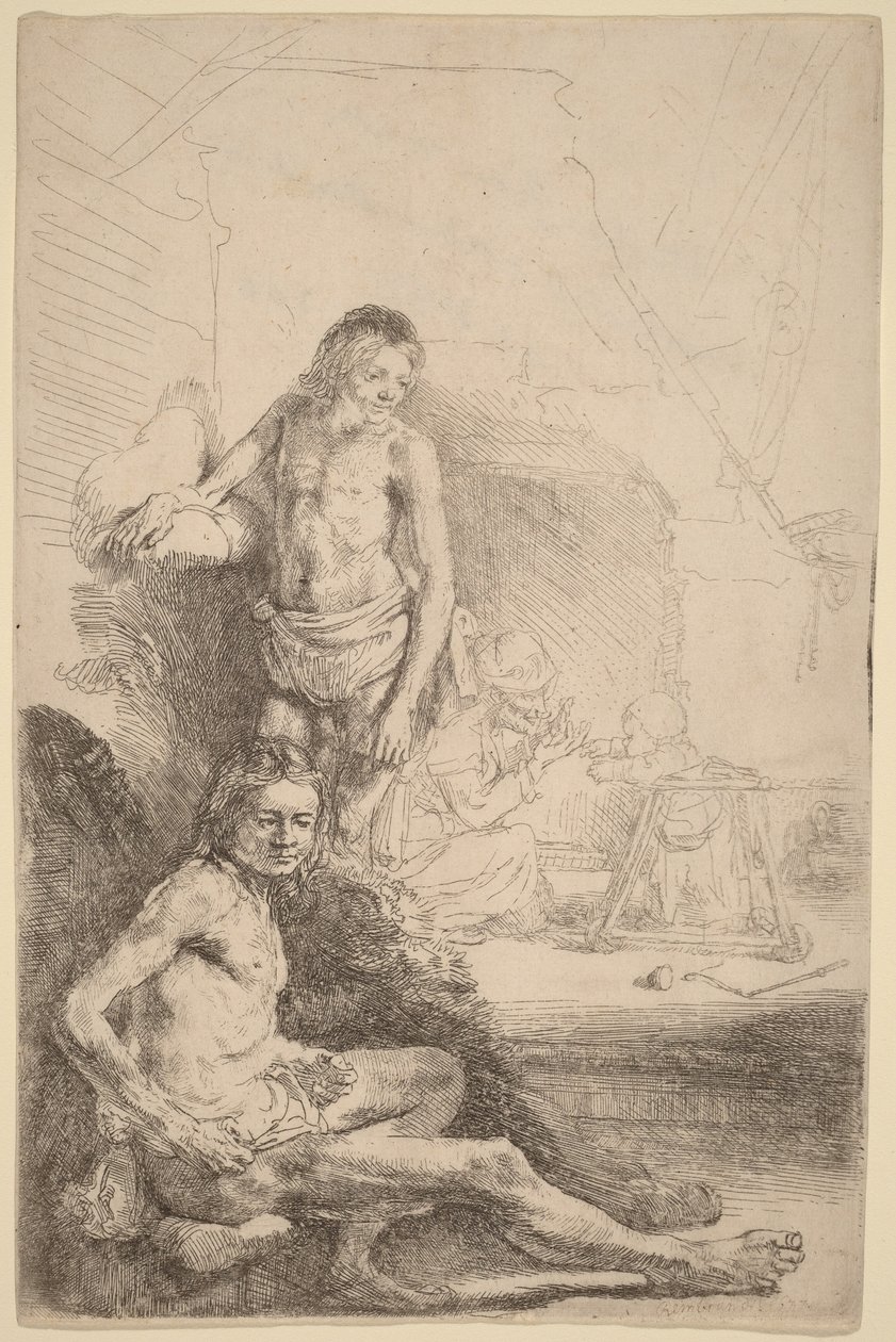 „Siedzący nagi mężczyzna” i „Stojący nagi mężczyzna”, z kobietą i dzieckiem w tle autorstwa Rembrandt van Rijn