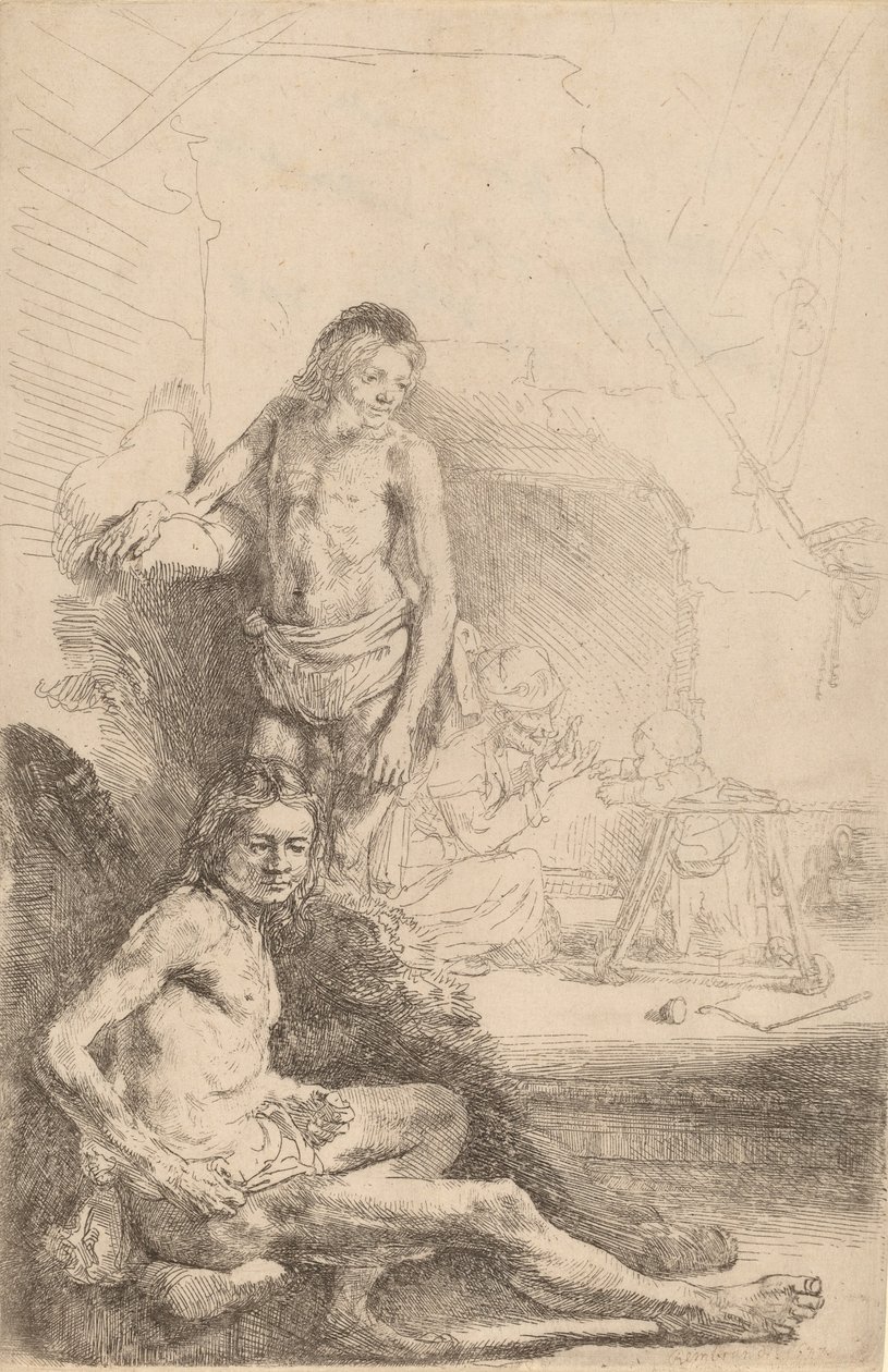 Nagi mężczyzna siedzący i nagi mężczyzna stojący, z kobietą i dzieckiem w tle, c. 1646. autorstwa Rembrandt van Rijn