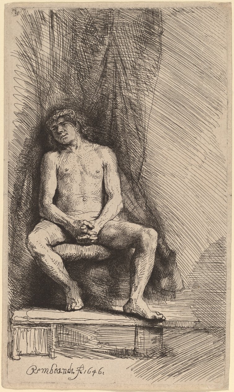 Nagi mężczyzna siedzący przed zasłoną autorstwa Rembrandt van Rijn
