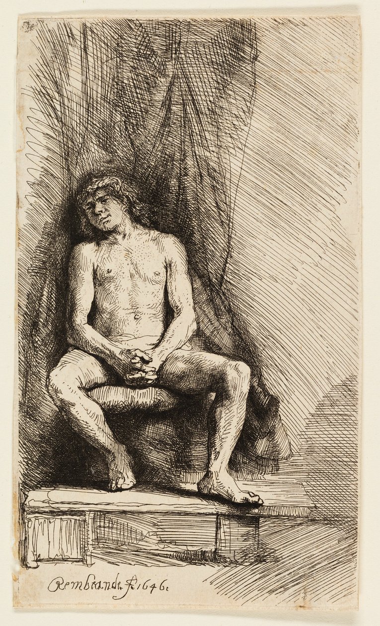 Nagi mężczyzna siedzący przed zasłoną autorstwa Rembrandt van Rijn