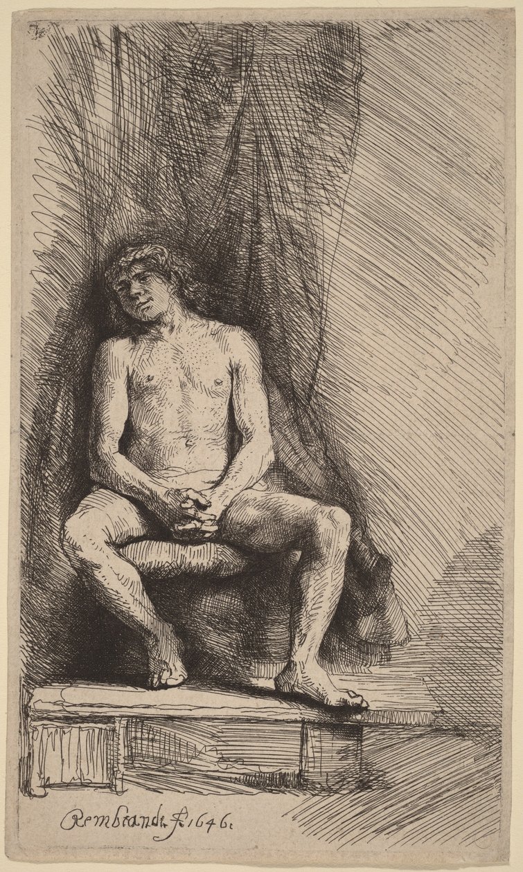 Nagi mężczyzna siedzący przed zasłoną autorstwa Rembrandt van Rijn