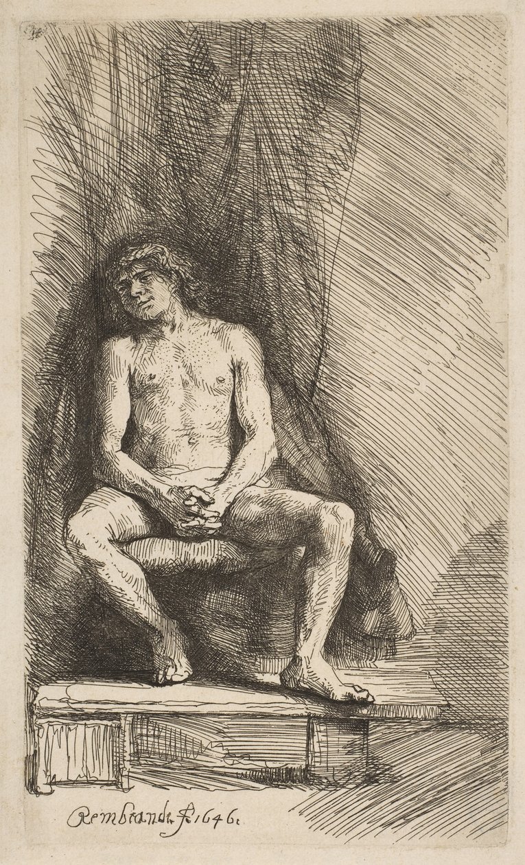 Nagi mężczyzna siedzący przed zasłoną, 1646. autorstwa Rembrandt van Rijn
