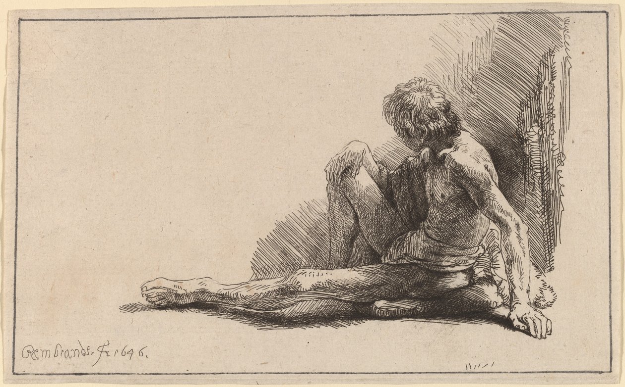 Nagi mężczyzna siedzący na ziemi z wyciągniętą jedną nogą autorstwa Rembrandt van Rijn