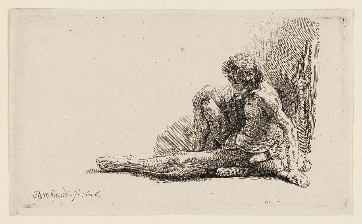 Nagi mężczyzna siedzący na ziemi z wyciągniętą jedną nogą autorstwa Rembrandt van Rijn