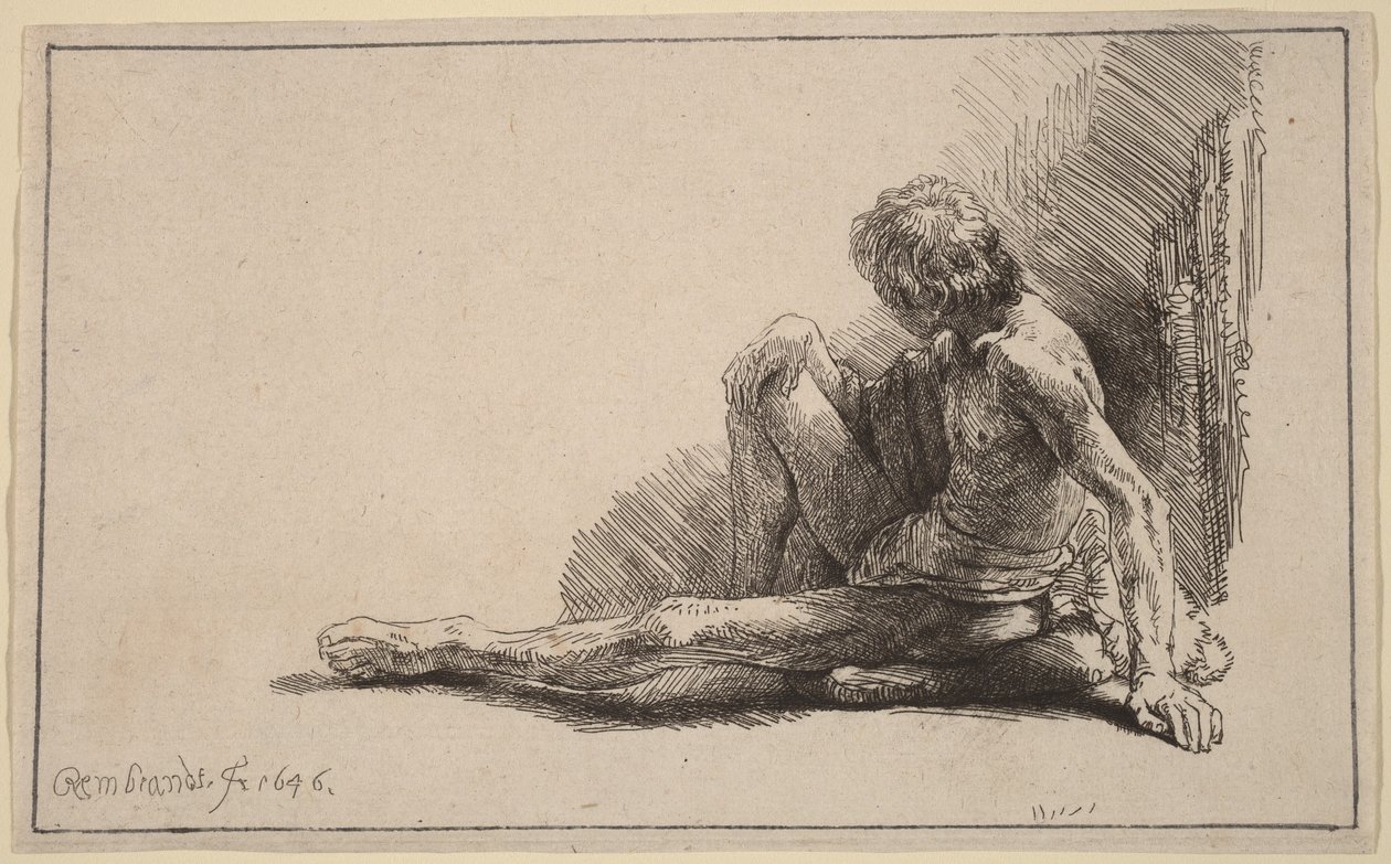 Nagi mężczyzna siedzący na ziemi z jedną nogą wyciągniętą autorstwa Rembrandt van Rijn