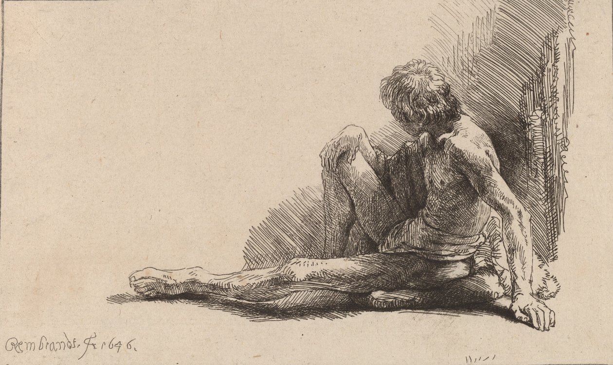 Nagi mężczyzna siedzący na ziemi z jedną nogą wyciągniętą, 1646. autorstwa Rembrandt van Rijn
