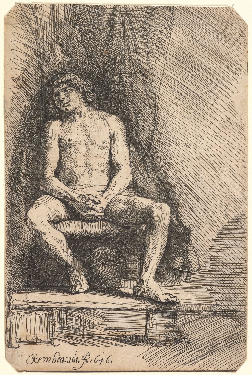 Nagi mężczyzna siedzący przed zasłoną (BB.46-Bi) autorstwa Rembrandt van Rijn
