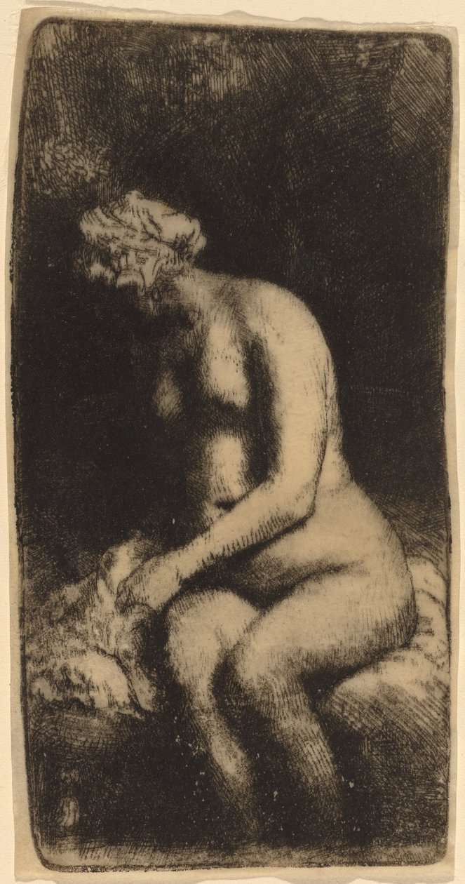 Nude siedzący na ławce z poduszką (kobieta kąpiąca stopy w potoku) autorstwa Rembrandt van Rijn