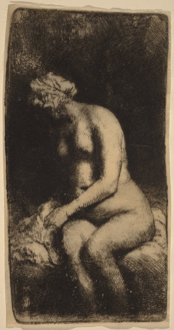 Akt siedzący na ławce z poduszką (Kobieta myjąca stopy nad strumieniem) autorstwa Rembrandt van Rijn