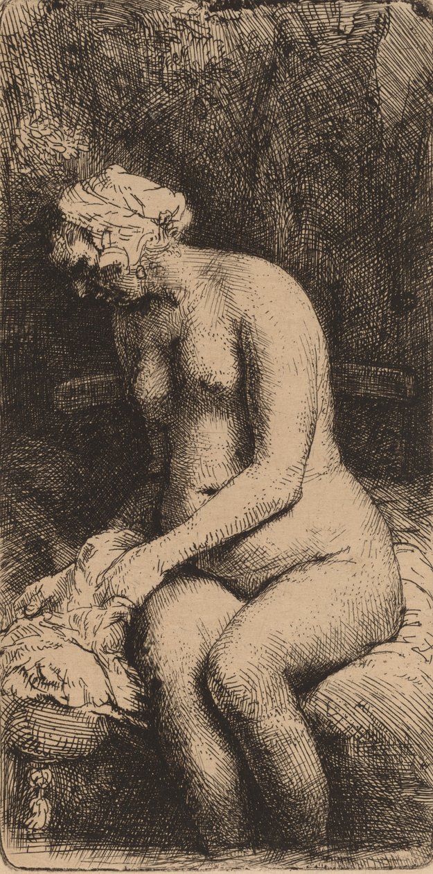 Akt siedzący na ławce z poduszką Kobieta kąpiąca stopy w potoku, 1658. autorstwa Rembrandt van Rijn