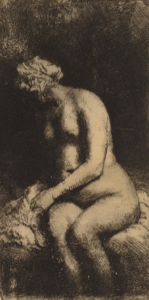 Akt siedzący na ławce z poduszką Kobieta kąpiąca stopy w potoku, 1658. autorstwa Rembrandt van Rijn