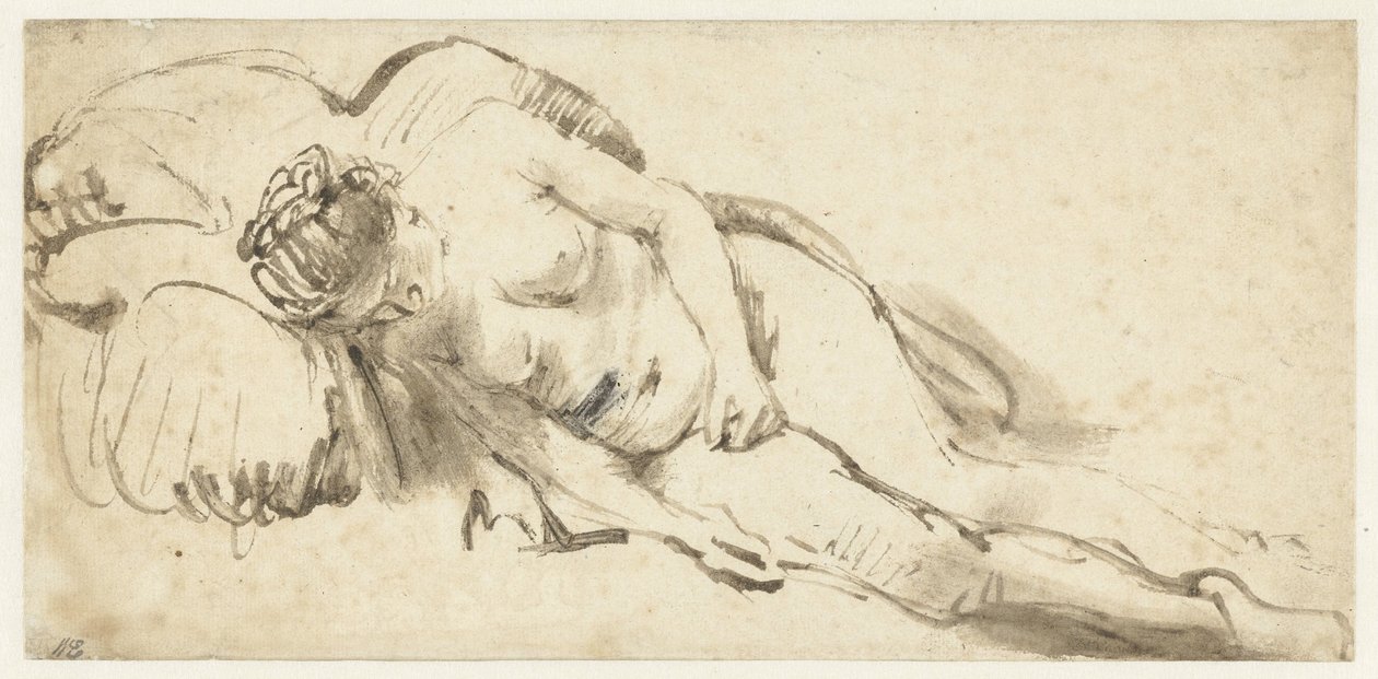 Naga kobieta leżąca na poduszce autorstwa Rembrandt van Rijn
